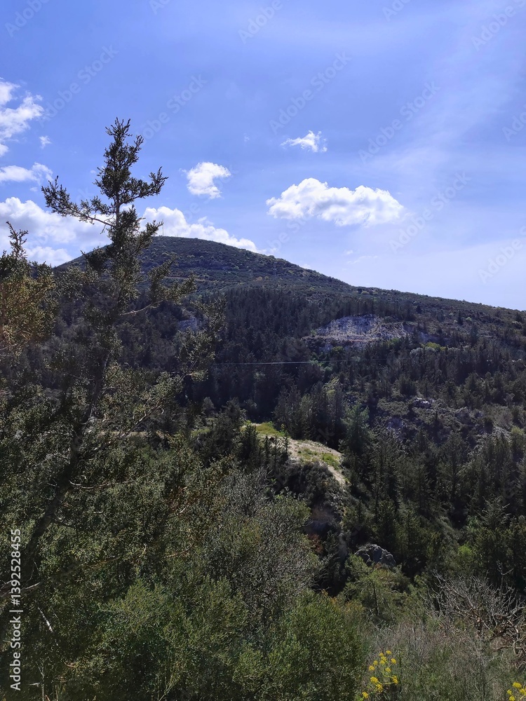 Scenic view of a mountain landscape under a clear blue sky with lush greenery Scenic view of a mountain landscape under a clear blue sky with lush greenery