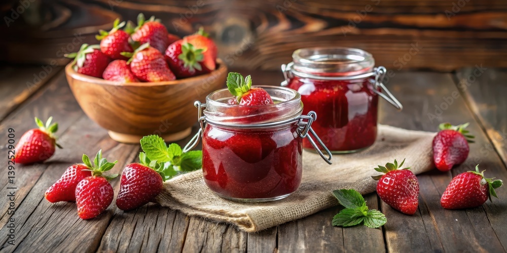 homemade strawberry jam in small glass jars with fresh berries on a rustic wooden table homemade strawberry jam in small glass jars with fresh berries on a rustic wooden table