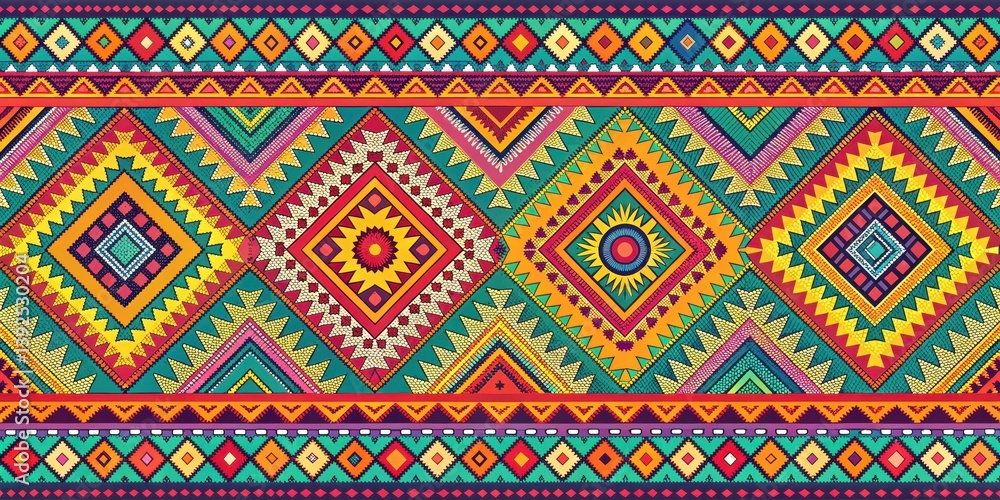 Brightly colored Aztec-inspired geometric patterns, black culture Brightly colored Aztec-inspired geometric patterns, black culture