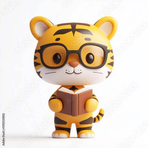 3D Illustration of a Cute Tiger Character Wearing Glasses and Holding a Book on White Background Generative AI