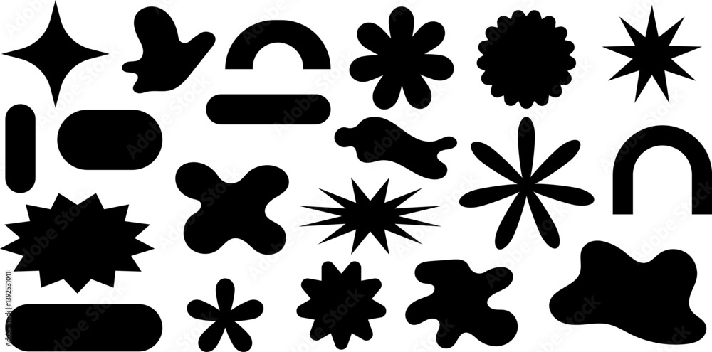 Fototapeta premium Big collection of trendy abstract black shapes: splashes, stars, flowers, rounded elements, minimalist design accents for posters, branding, or digital collage. Vector EPS 10