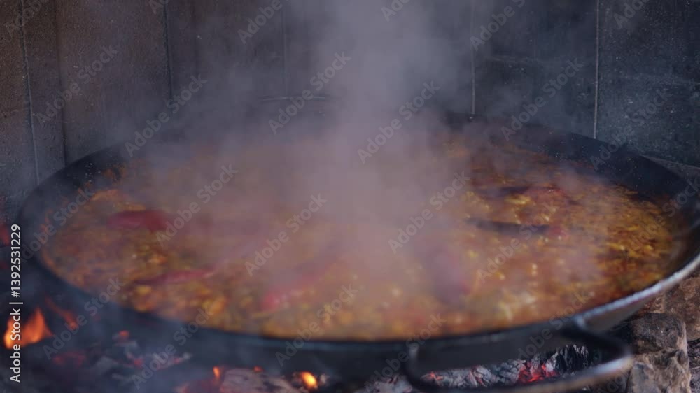 Professional chef preparing authentic paella, sprinkling ñora peppers into large pan over wood fire, generating rising smoke and aromatic cooking environment Professional chef preparing authentic paella, sprinkling ñora peppers into large pan over wood fire, generating rising smoke and aromatic cooking environment