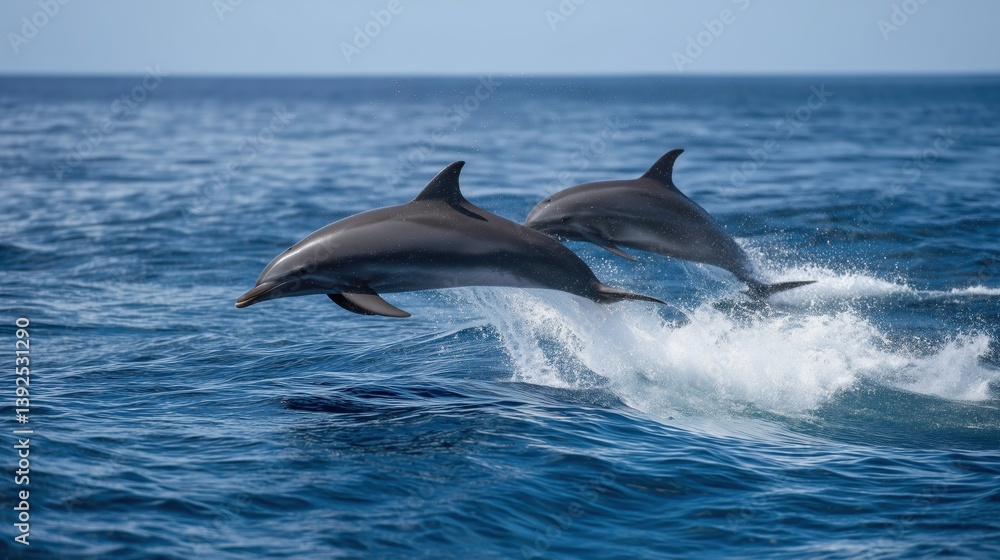 Naklejka premium In perfect harmony, two dolphins leap over the waves, blending power and elegance in the open sea.