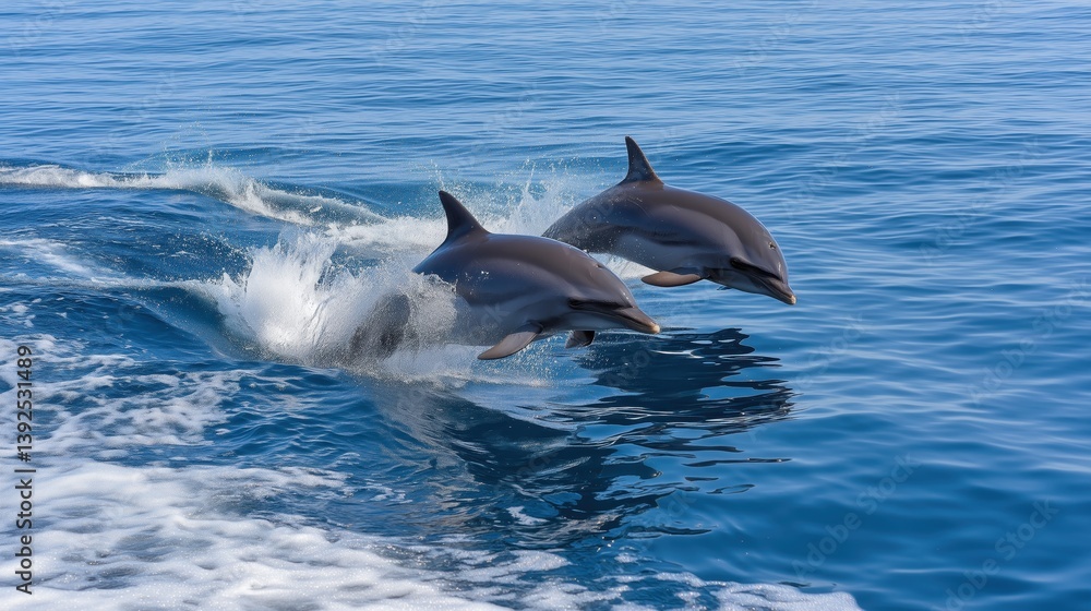 Fototapeta premium In perfect harmony, two dolphins leap over the waves, blending power and elegance in the open sea.