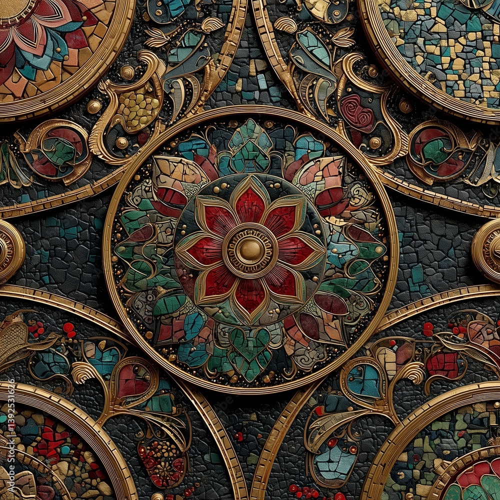 seamless sacred mosaic pattern with lotus mandalas, paisley vines, and temple geometry in rich jewel tones seamless sacred mosaic pattern with lotus mandalas, paisley vines, and temple geometry in rich jewel tones