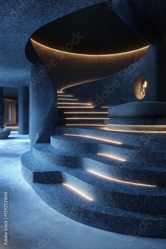 Futuristic spiral staircase with ambient lighting in a modern sculptural interior

