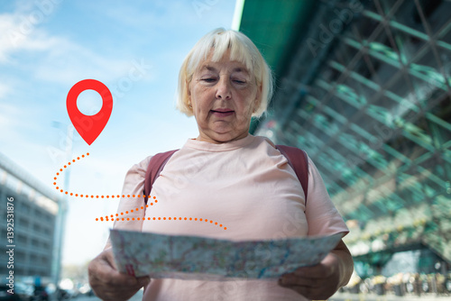 An elderly woman is navigating the airport area with a map in hand, looking for her next destination. The GPS location pin icon is placed on the image to emphasize her use of digital navigation while