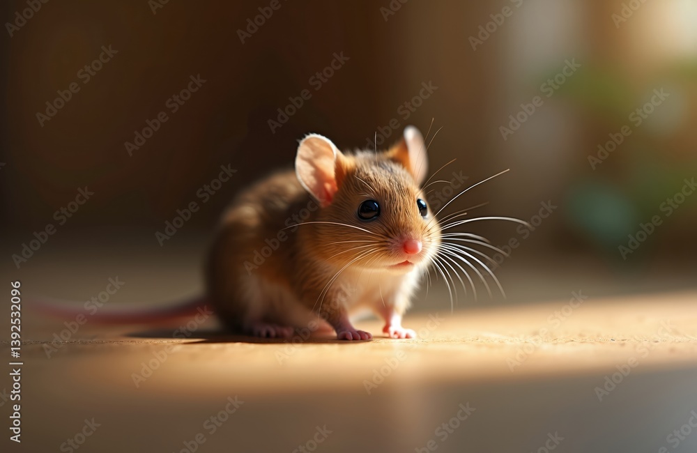 Tiny mouse on wooden floor. AI generated animal portrait close-up. Small furry mammal with long whiskers. Cute pet on wood. Illustration of rodent, wildlife, nature concept. Tiny mouse on wooden floor. AI generated animal portrait close-up. Small furry mammal with long whiskers. Cute pet on wood. Illustration of rodent, wildlife, nature concept.