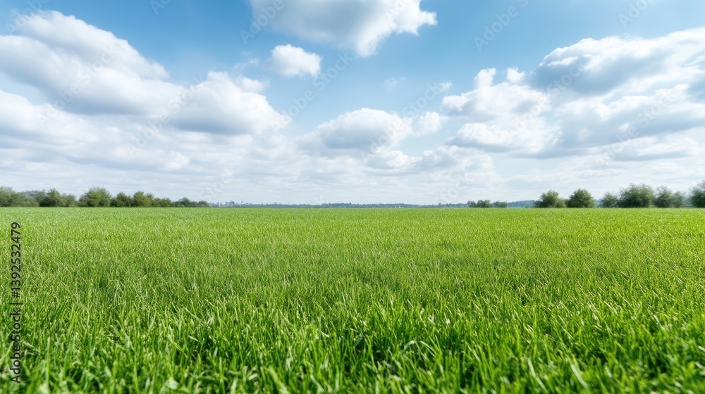 Obraz premium Expansive green field under a partly cloudy sky. A vast expanse of vibrant green grass stretches to the horizon, with scattered, fluffy white clouds against a clear blue sky. 