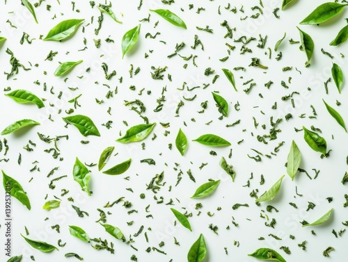 Loose green tea leaves and powder scattered, isolated, clean and crisp, top-down view
