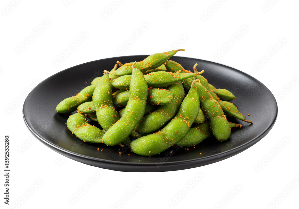 Freshly prepared edamame beans sprinkled with seasoning on a black plate Freshly prepared edamame beans sprinkled with seasoning on a black plate