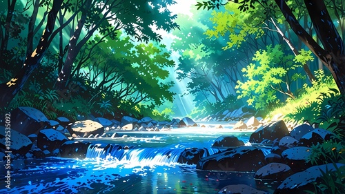 Wallpaper Mural A stream flowing through a lush green forest with sunlight shining through trees Torontodigital.ca