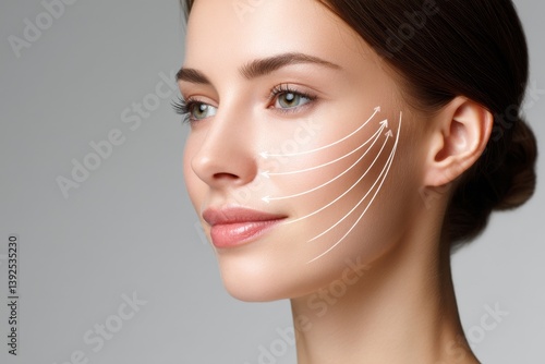 A non-surgical thread facelift procedure for facial contouring and skin rejuvenation is illustrated in close-up on a face, using threads and arrows to represent concepts of plastic surgery and beauty