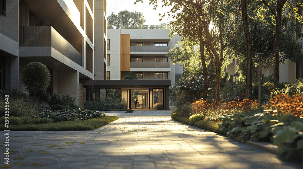Modern residential complex entrance with sunlight casting warm glow