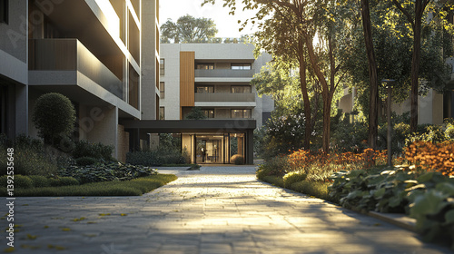 Obraz na płótnie Modern residential complex entrance with sunlight casting warm glow w salonie