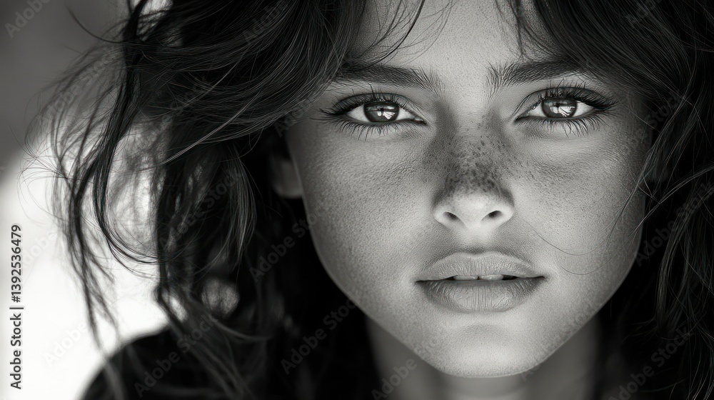 Fototapeta premium Close-up black and white portrait of a young woman