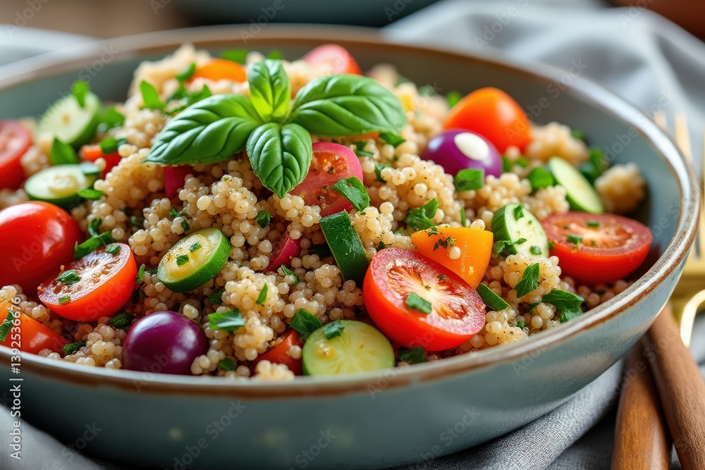 A vibrant quinoa salad featuring fresh vegetables, herbs, and a touch of basil, arranged in a stylish bowl, perfect for a healthy meal. A vibrant quinoa salad featuring fresh vegetables, herbs, and a touch of basil, arranged in a stylish bowl, perfect for a healthy meal.