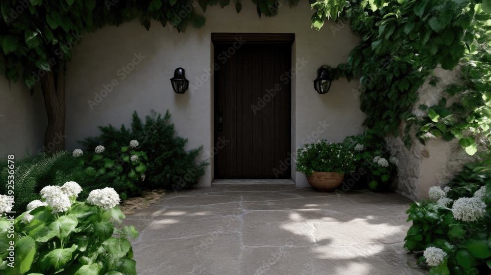 Tranquil Courtyard Entryway. Lush greenery surrounds a simple entryway with a wooden door, stonework, and outdoor lighting Tranquil Courtyard Entryway. Lush greenery surrounds a simple entryway with a wooden door, stonework, and outdoor lighting