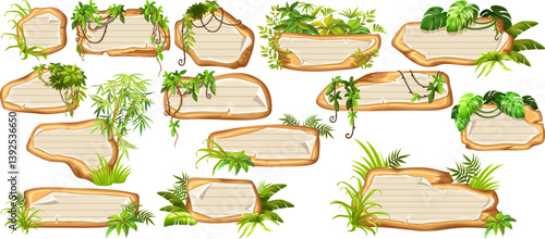 Game panels in jungle with liana branches and leaves, ivy. Set isolated wooden elements with old paper, with school page in line, ragged graph paper. Vector signboards with school page.