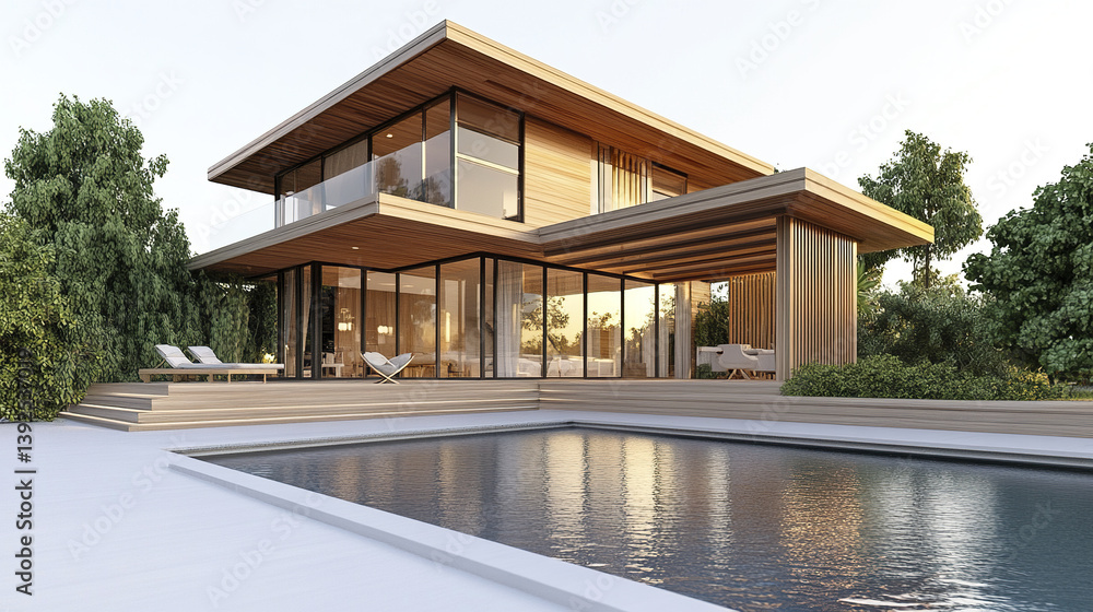 Fototapeta premium Modern house with pool and large windows, surrounded by trees