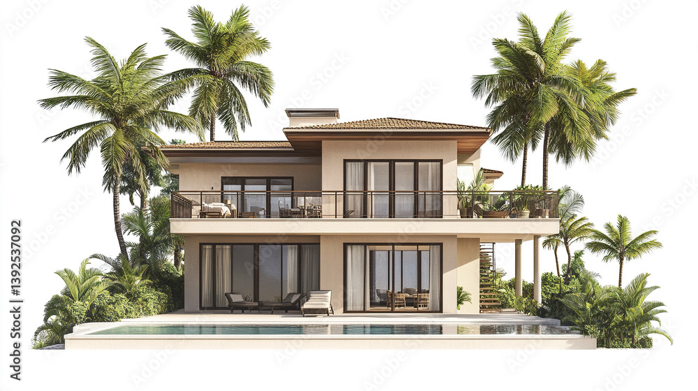 Fototapeta premium Modern resort style house with palm trees and pool, exuding luxury