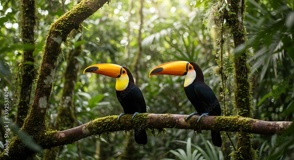 Naklejka premium Toucan tropical bird sitting on a tree branch in natural wildlife environment in rainforest jungle