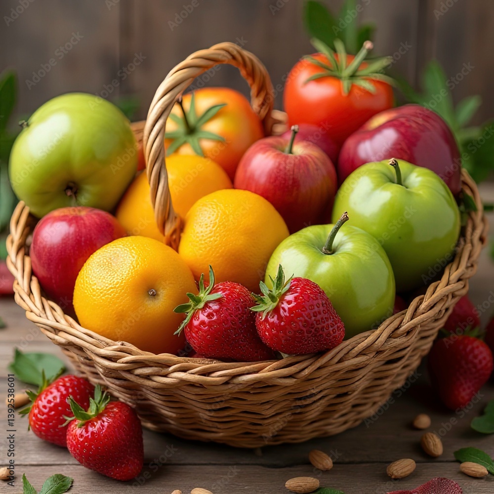A rustic basket filled with an assortment of Strawberries, apples, pears, and oranges A rustic basket filled with an assortment of Strawberries, apples, pears, and oranges