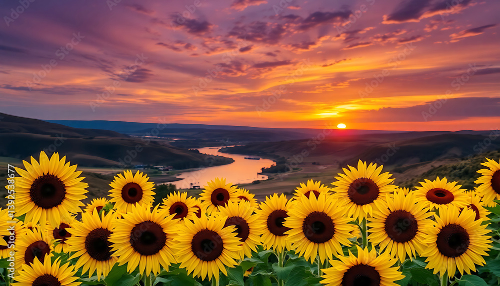 Obraz premium A breathtaking sunflower field at sunset 4K landscape view.
