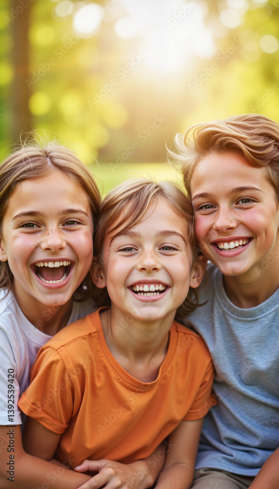 Obraz premium Smiling group of three happy children outdoors in sunlight