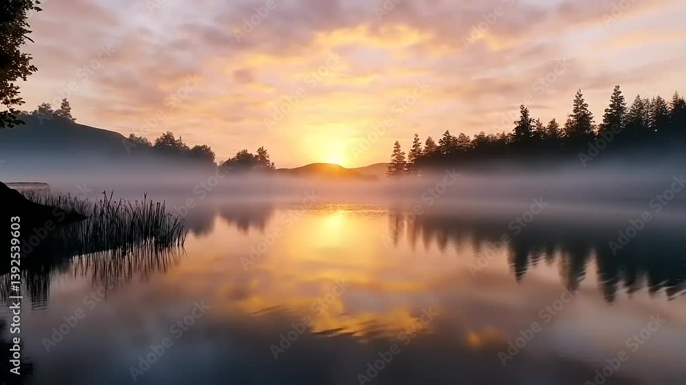 Serene sunrise over a misty lake, reflecting vibrant colors and surrounded by lush trees and hills Serene sunrise over a misty lake, reflecting vibrant colors and surrounded by lush trees and hills