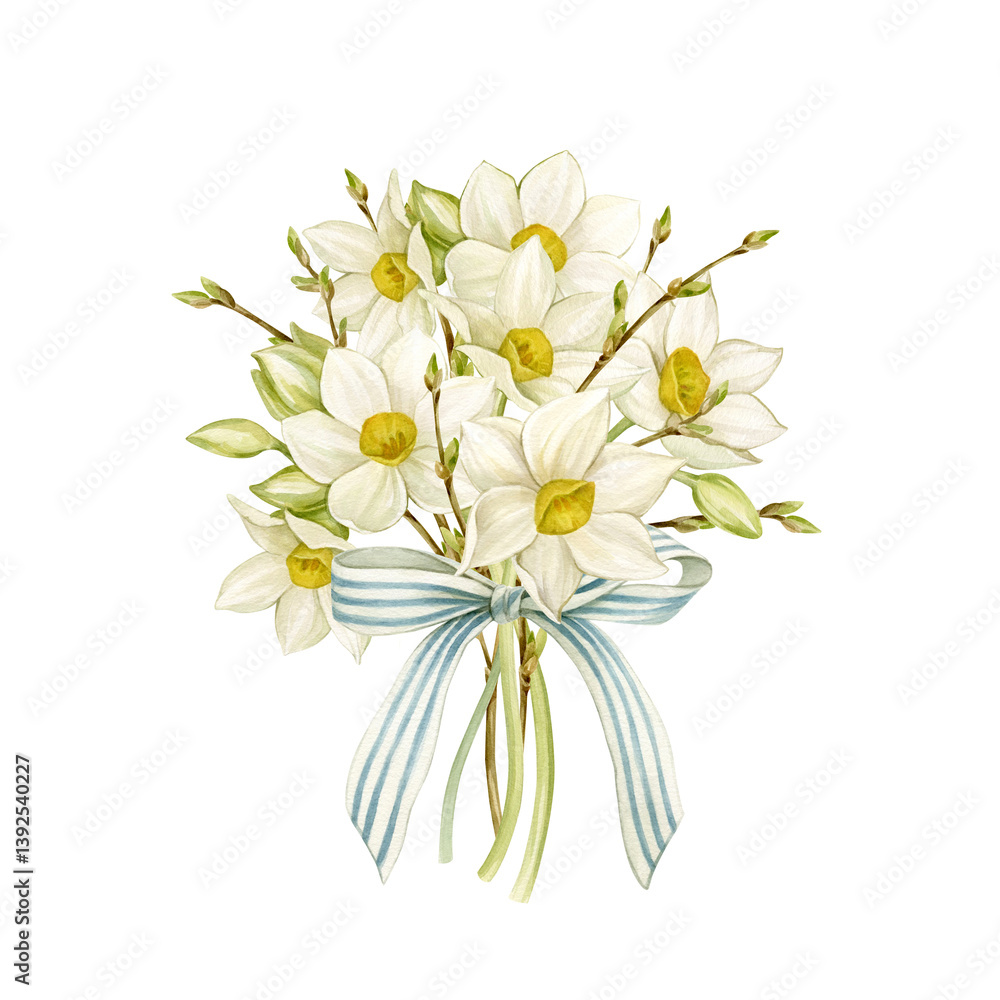 Fototapeta premium Bouquet of Daffodils watercolor illustration isolated from background. Spring flowers and branches tied with a bow for postcards, stationery, seasonal decoration