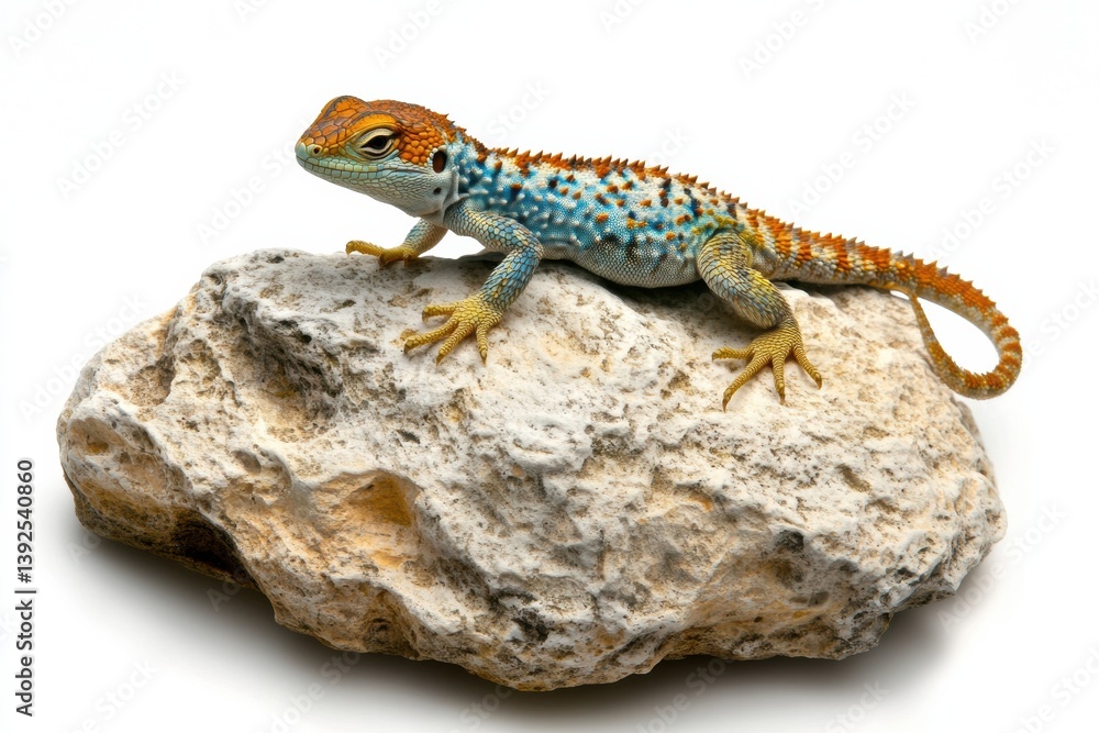Obraz premium Colorful lizard rests on textured rock with drop shadow against a plain white background, showcasing its vibrant hues and intricate patterns