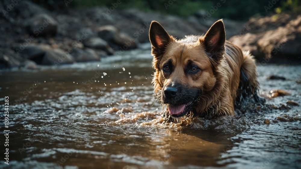 Dog playfully splashing in a river surrounded by nature Dog playfully splashing in a river surrounded by nature