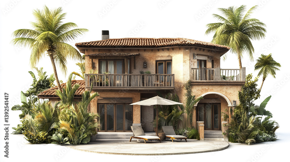 Fototapeta premium Resort style house with palm trees and lounge chairs on white background