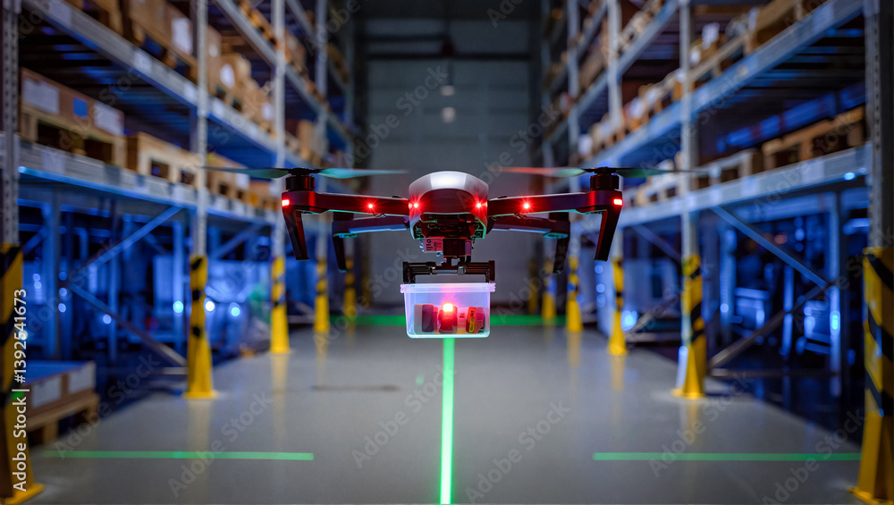 Autonomous drone flying through warehouse aisle carrying container for delivery. Illustration of automated logistics, inventory management and future distribution technology. Autonomous drone flying through warehouse aisle carrying container for delivery. Illustration of automated logistics, inventory management and future distribution technology.