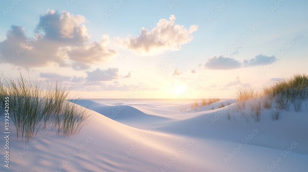 Serene sunset over pristine white sand dunes soft light ocean view peaceful beach landscape Serene sunset over pristine white sand dunes soft light ocean view peaceful beach landscape