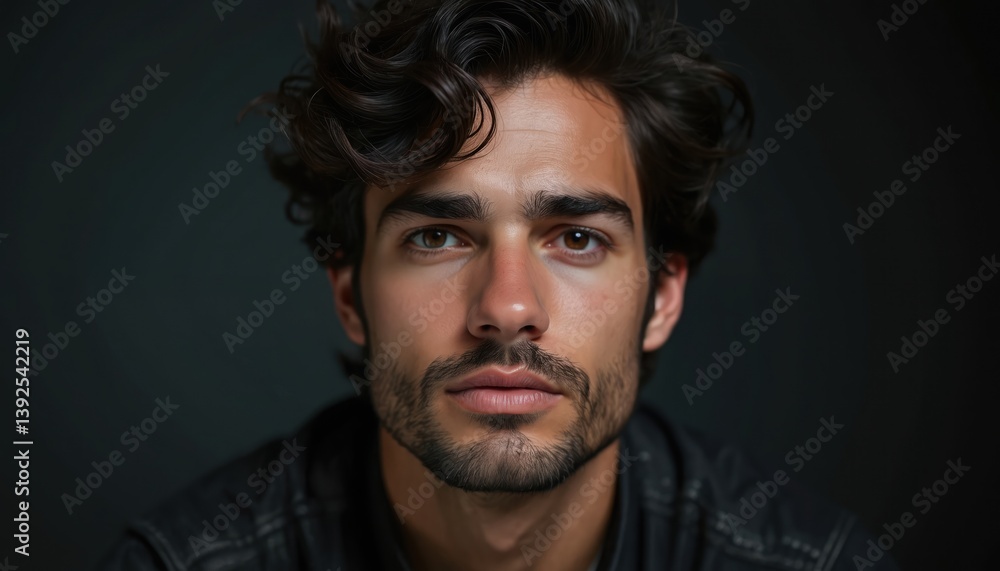 Close-up portrait handsome young man on black background. Brunette hair, stylish beard, brown eyes. Serious expression. Perfect skin, male beauty. Ideal for fashion, beauty product promotion. Close-up portrait handsome young man on black background. Brunette hair, stylish beard, brown eyes. Serious expression. Perfect skin, male beauty. Ideal for fashion, beauty product promotion.