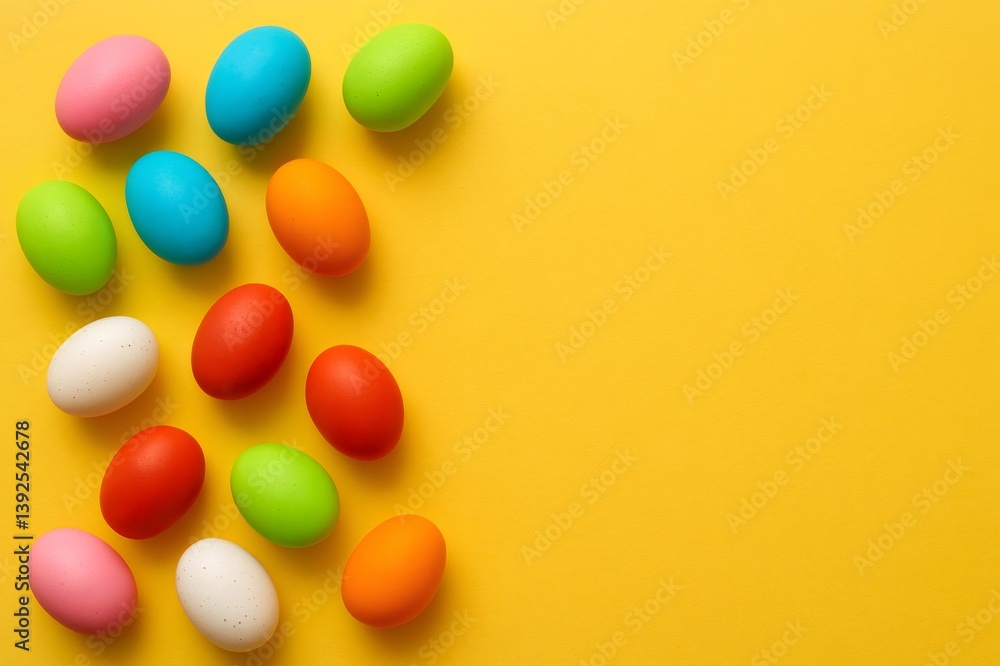 Obraz premium Vibrant Easter eggs arranged on a yellow backdrop, offering copy space for holiday greetings
