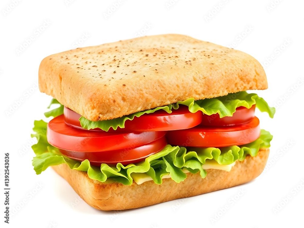 Fresh Vegetable Sandwich with Tomato, Lettuce, and Cheese Isolated on White Background – Healthy Vegan Snack Image Fresh Vegetable Sandwich with Tomato, Lettuce, and Cheese Isolated on White Background – Healthy Vegan Snack Image