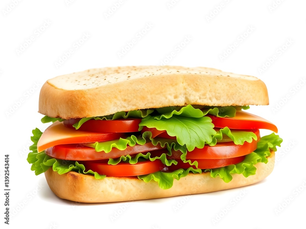 Fresh Vegetable Sandwich with Tomato, Lettuce, and Cheese Isolated on White Background – Healthy Vegan Snack Image Fresh Vegetable Sandwich with Tomato, Lettuce, and Cheese Isolated on White Background – Healthy Vegan Snack Image