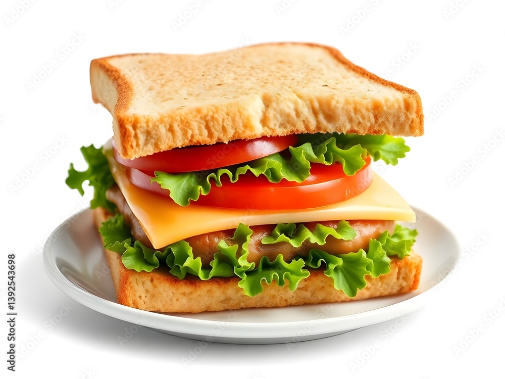 Fresh Vegetable Sandwich with Tomato, Lettuce, and Cheese Isolated on White Background – Healthy Vegan Snack Image Fresh Vegetable Sandwich with Tomato, Lettuce, and Cheese Isolated on White Background – Healthy Vegan Snack Image