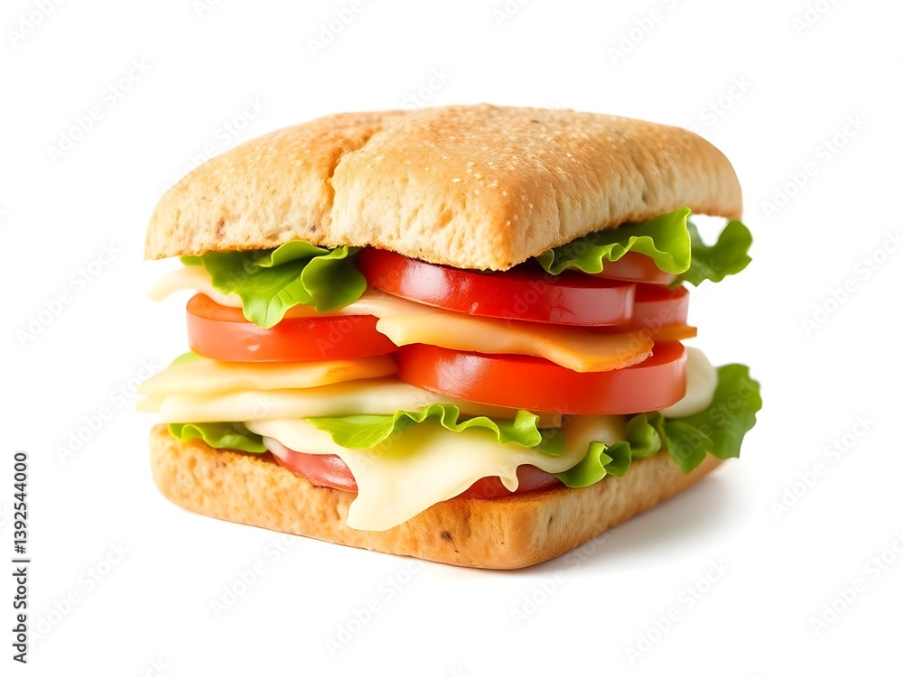 Fresh Vegetable Sandwich with Tomato, Lettuce, and Cheese Isolated on White Background – Healthy Vegan Snack Image Fresh Vegetable Sandwich with Tomato, Lettuce, and Cheese Isolated on White Background – Healthy Vegan Snack Image