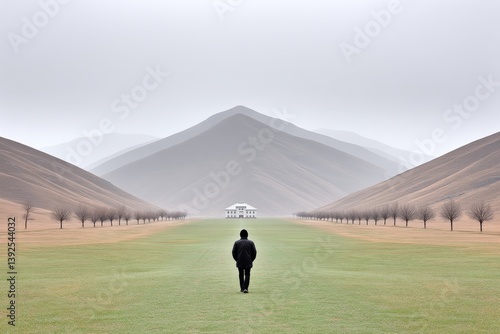 Wallpaper Mural A person walking alone through a vast open field with a distant mountain goal Torontodigital.ca