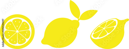 Lemon cut slices vector set, Whole, half and slice chopped lemon fruit flat collection