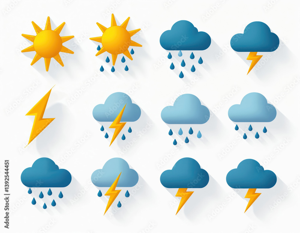 Visual set weather icons sun, cloud, rain, storm, lightning, snow. Meteorology forecast symbols. Climate change illustration for web, apps, presentations. White background isolated. Visual set weather icons sun, cloud, rain, storm, lightning, snow. Meteorology forecast symbols. Climate change illustration for web, apps, presentations. White background isolated.