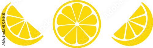 Lemon cut slices vector set, Whole, half and slice chopped lemon fruit flat collection