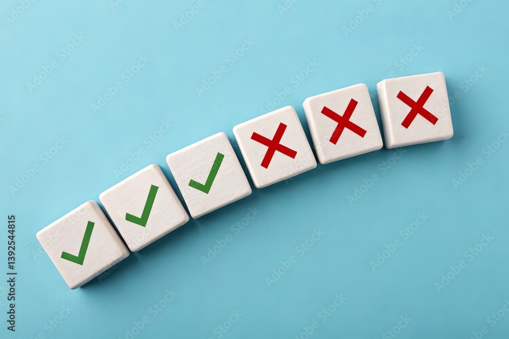 Obraz premium White square tiles with green checkmarks and red crosses, set of seven, decision making concept