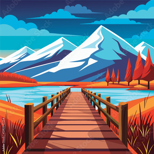 Vector illustration of a Autumnal Mountain Bridge Scene.