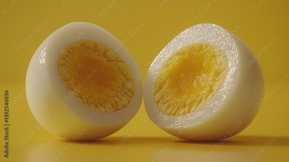 Halved hard-boiled egg on yellow background; healthy breakfast food Halved hard-boiled egg on yellow background; healthy breakfast food