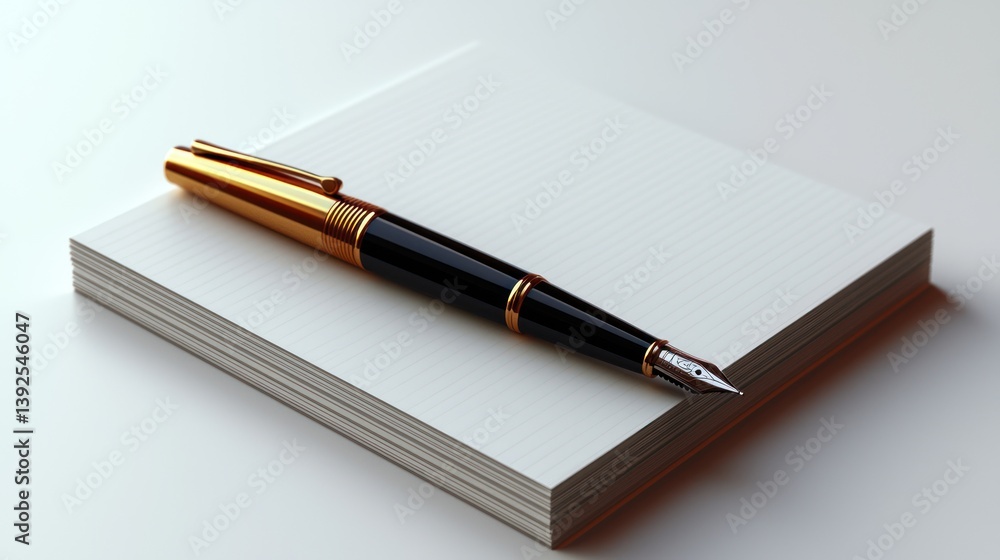 Gold fountain pen on notepad; white background; writing; planning; office supplies; business Gold fountain pen on notepad; white background; writing; planning; office supplies; business